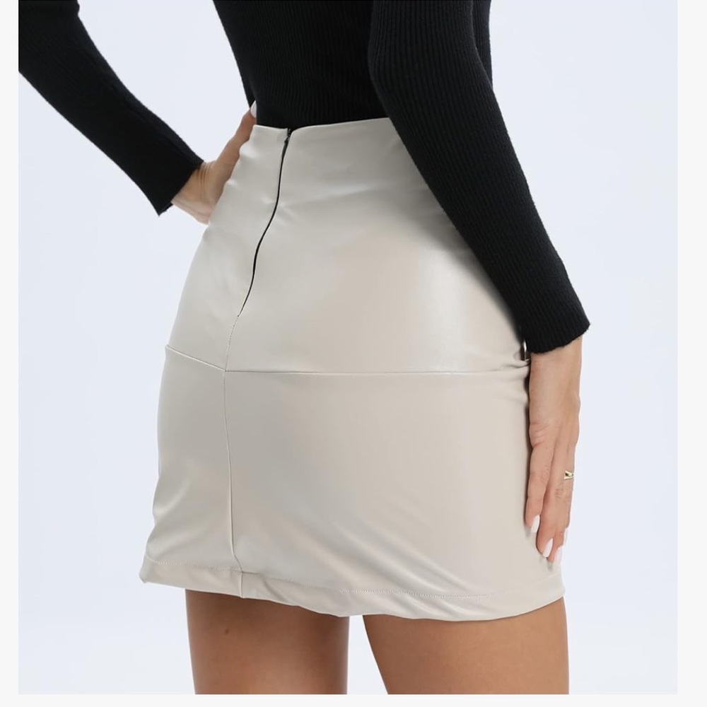Faux Leather Cream Beige Mini Skirt - Picture 6 of 6